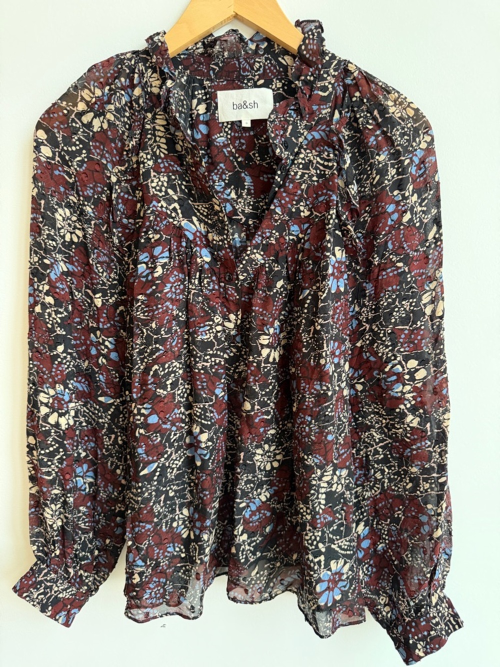 ba&sh Black Floral Blouse with Burgundy and Light Blue Print